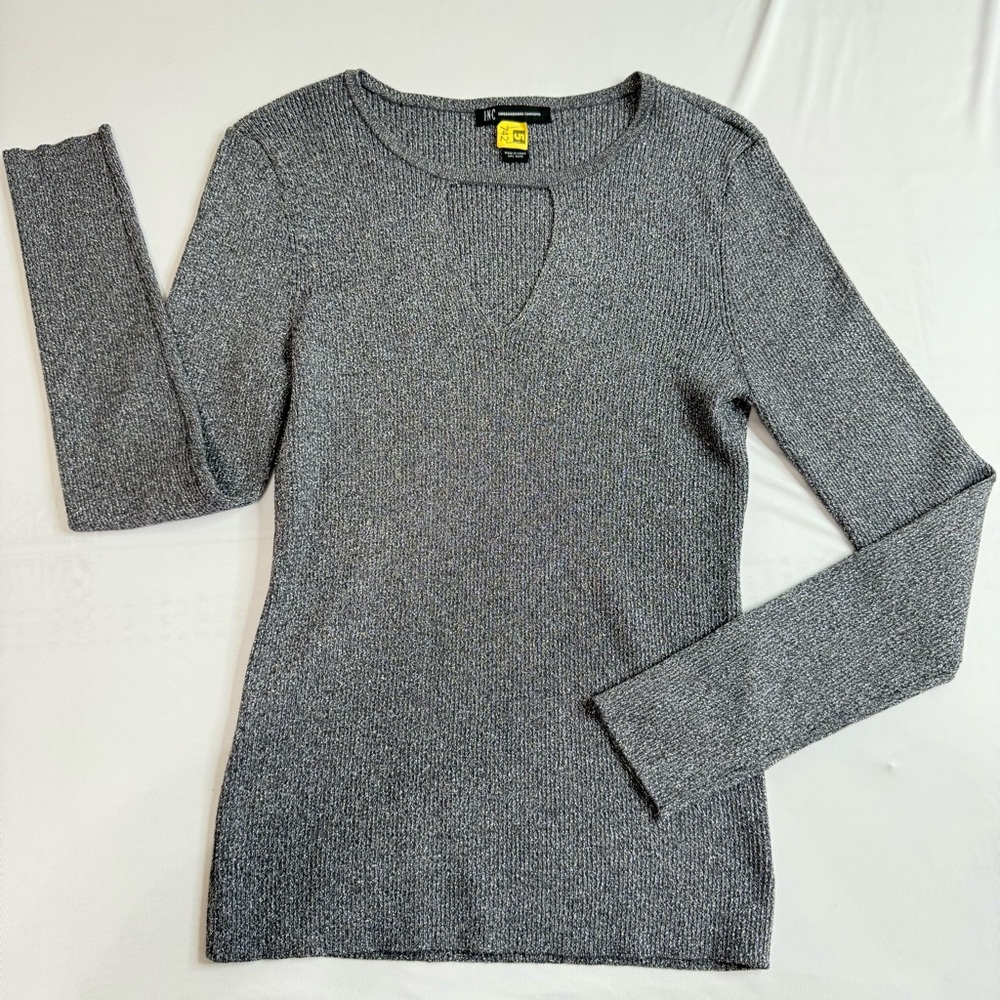 INC International Concepts Womens Grey Metallic Keyhole Ribbed‎ Knit Top Large